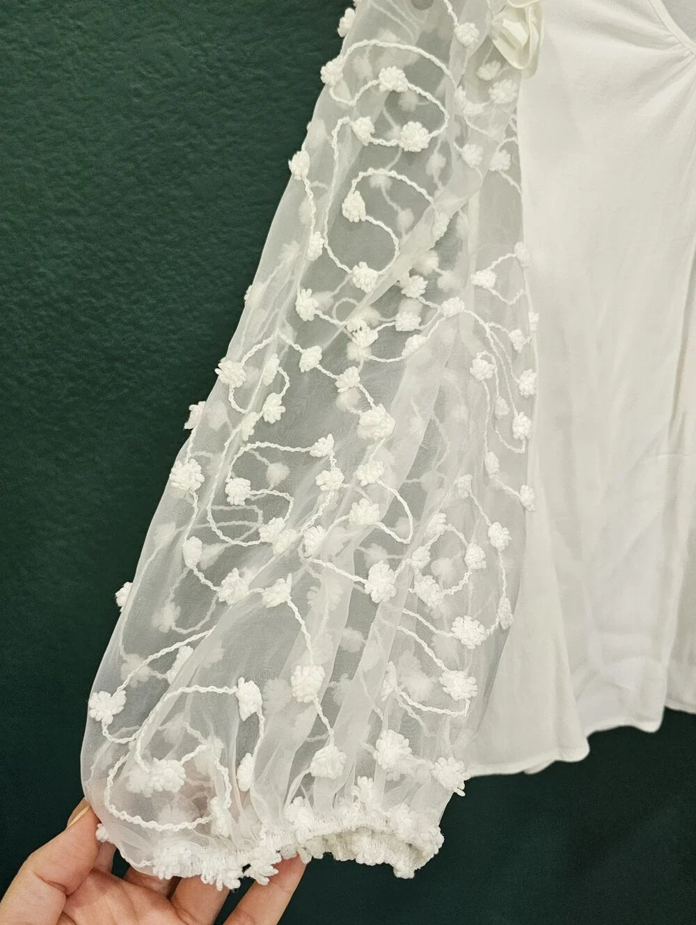 Zara White Embroidered Sheer Puff Sleeve Blouse Medium Floral Mesh